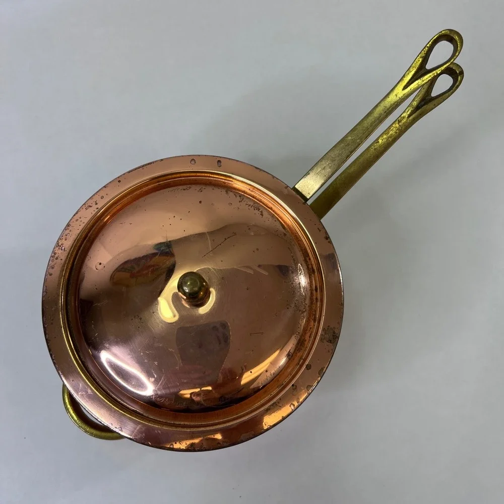 Vintage Copper Clad Double Boiler Porcelain Insert Brass Handles Outeiro 889